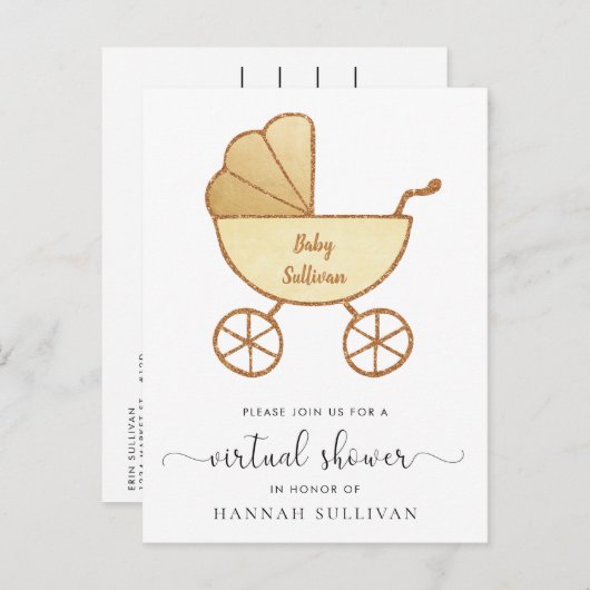 Retro Carriage Yellow Gold Virtual Baby shower Uitnodiging Briefkaart