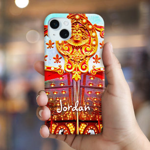  retro carrousel gezicht foto aangepaste naam vet iPhone 15 mini hoesje