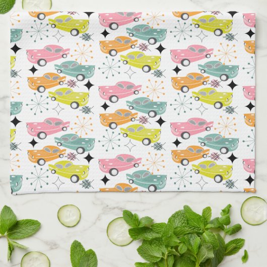 Retro Cars Atomic Starburst Modern mediane eeuw Theedoek (Gevouwen)