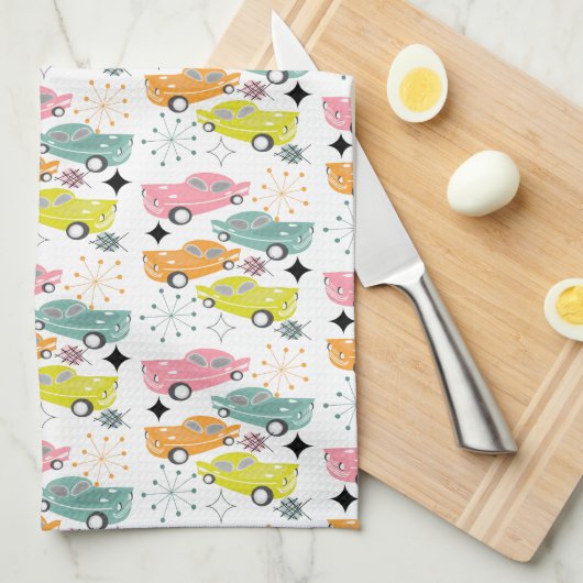 Retro Cars Atomic Starburst Modern mediane eeuw Theedoek (Quarter Fold)