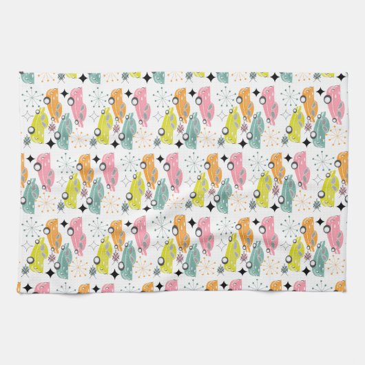 Retro Cars Atomic Starburst Modern mediane eeuw Theedoek (Horizontaal)