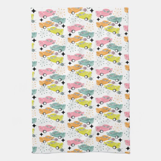 Retro Cars Atomic Starburst Modern mediane eeuw Theedoek (Verticaal)