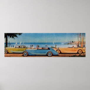 RETRO CARS, blauw geel sinaasappel Poster