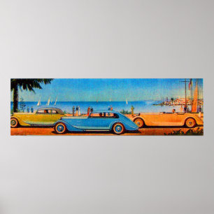 RETRO CARS, blauw geel sinaasappel Poster