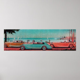 RETRO CARS, blauw groen roze rood Poster