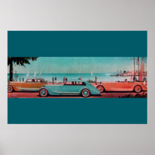 RETRO CARS, blauw groen roze rood Poster