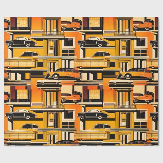 Retro Cars geometrische mosterd midden eeuw Cadeaupapier (Vlak)