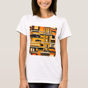 Retro Cars geometrische mosterd midden eeuw T-shirt