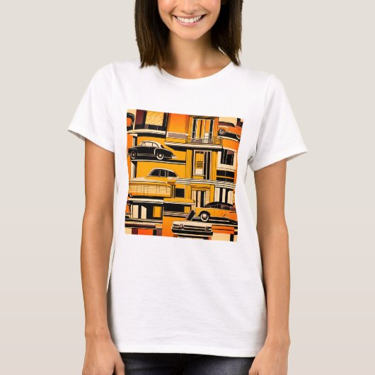 Retro Cars geometrische mosterd midden eeuw T-shirt (Voorkant)