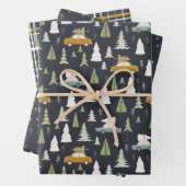Retro Cars KerstWoodland Trees grijs Black  Inpakpapier Vel (In situ)