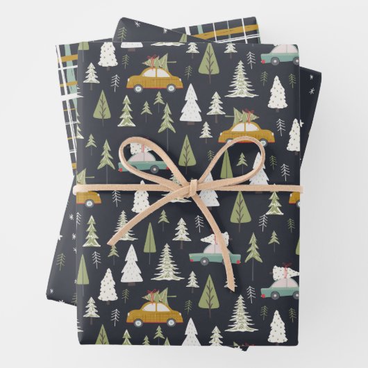 Retro Cars KerstWoodland Trees grijs Black  Inpakpapier Vel (In situ)