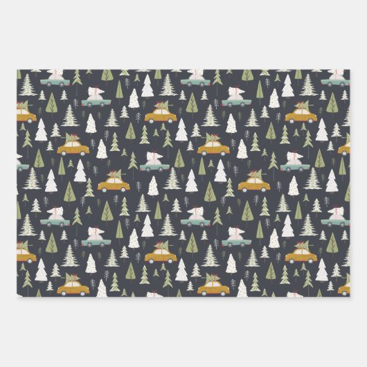Retro Cars KerstWoodland Trees grijs Black  Inpakpapier Vel (Voorkant)