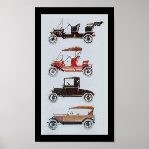 RETRO CARS, zwart wit rood Poster