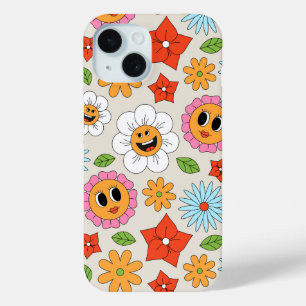Retro Cartoon Bloemen Whimsical Gelukkig Plezierig iPhone 15 Case