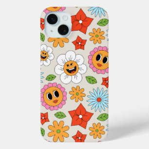Retro Cartoon Bloemen Whimsisch Gelukkig Plezierig iPhone 15 Mini Hoesje