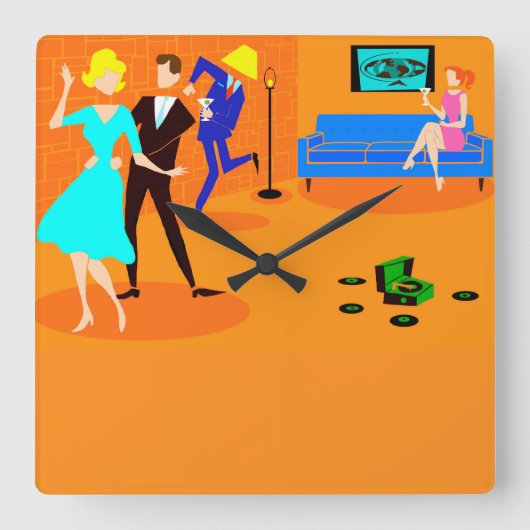 Retro Cartoon Cocktail Party Wall Clock Vierkante Klok (Voorkant)