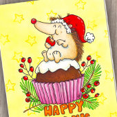 Retro Cartoon Egeltje Christmas Pudding Cupcake Kaart