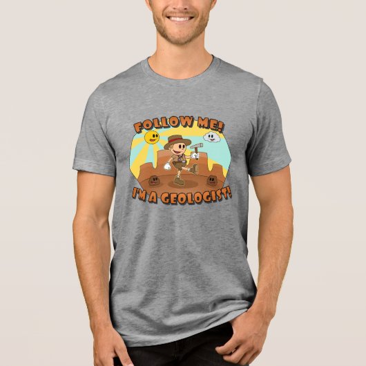 Retro Cartoon Geoloog "Volg mij!" Tri-Blend Shirt (Voorkant)
