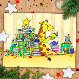 Retro cartoon giraffe Bookmas kerstkaart Briefkaart