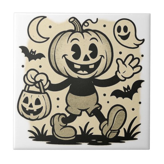Retro cartoon-inspired pumpkin Halloween tile Tegeltje (Voorkant)