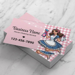 Retro Cartoon Maid House Schoonmaakservice Roze Visitekaartje