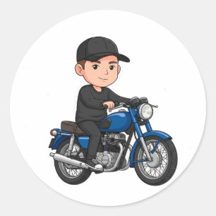 🏍️ Retro Cartoon Motorrijder Klassieke Motorfiets Ronde Sticker