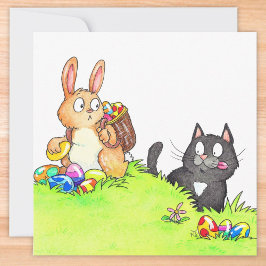 Retro Cartoon Paashaas & Zwarte Kat Pasen Kaart