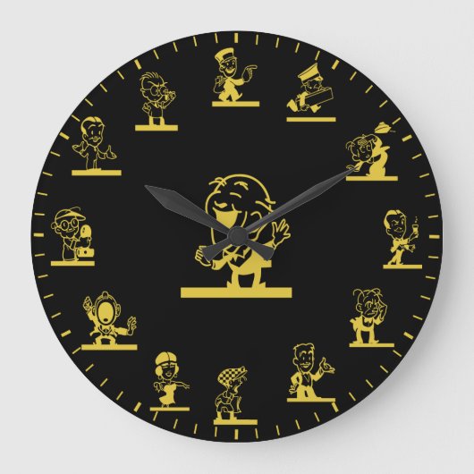 Retro Cartoon People Themed Gold Large Clock Grote Klok (Voorkant)