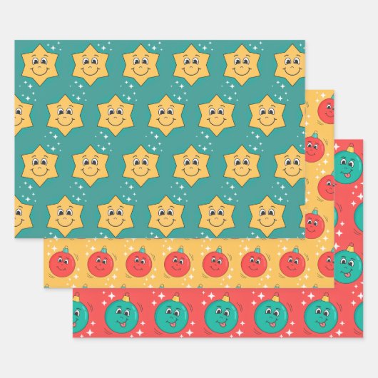 Retro cartoon smiley personages xmas ontwerp inpakpapier vel (Set)