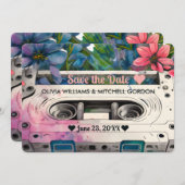 Retro Cassette | Bloemige Trouw Save the Date Kaart (Voorkant / Achterkant)
