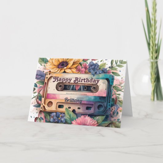 Retro Cassette | Floral Happy Birthday Kaart (Voorkant)
