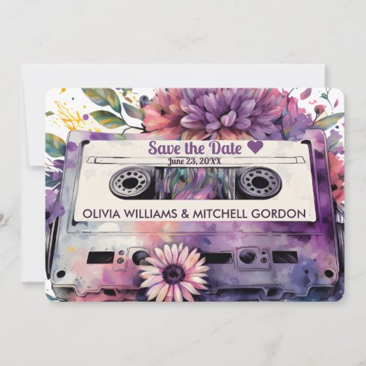 Retro Cassette | Floral Wedding Save the Date Invi Kaart (Voorkant)