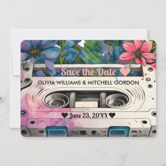 Retro Cassette | Floral Wedding Save the Date Kaart (Voorkant)