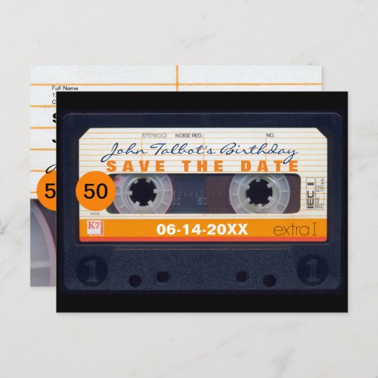 Retro Cassette tape 50e verjaardag Bewaar de datum Uitnodiging Briefkaart (Voorkant / Achterkant)