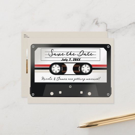Retro Cassettebandje Beige Grey 90's Save the Date Aankondigingskaart (Voorkant / Achterkant in situ)