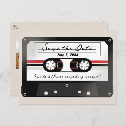 Retro Cassettebandje Beige Grey 90's Save the Date Aankondigingskaart (Voorkant / Achterkant)