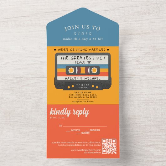 Retro Cassettebandje Grootste Hit Bruiloft All In One Uitnodiging (Binnen)