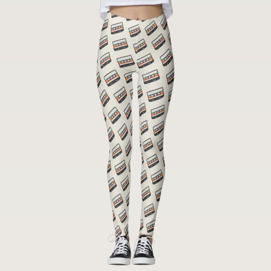  Retro Cassettebandje Pattern Cream Leggings (Voorkant)