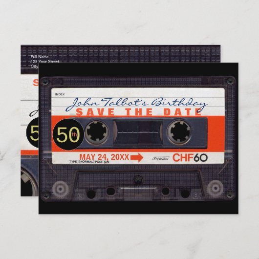 Retro Cassettebandje S 50e verjaardag Bewaar de da Uitnodiging Briefkaart (Voorkant / Achterkant)