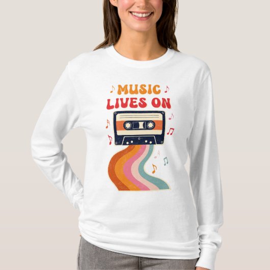 Retro Cassettebandje Shirt – Muziek leeft op Vinta (Voorkant)