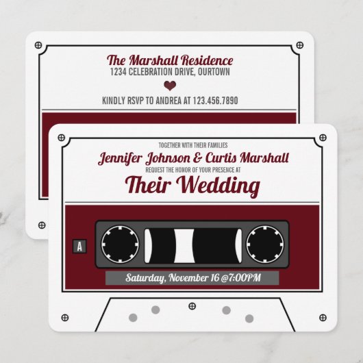 Retro Cassettebandje Wine Red Wedding Kaart (Voorkant / Achterkant)