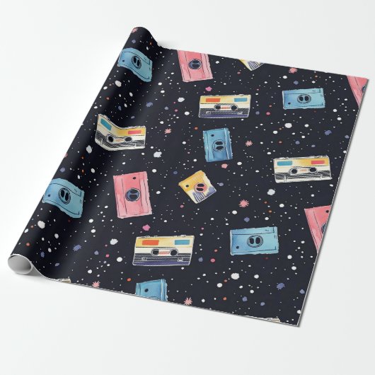 Retro Cassettebandjes in de kosmische ruimte Cadeaupapier (Uitgerold)