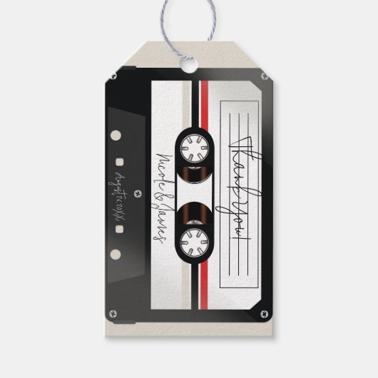 Retro Cassetterecorderband Beige Grijs Bruiloft Cadeaulabel (Voorkant)
