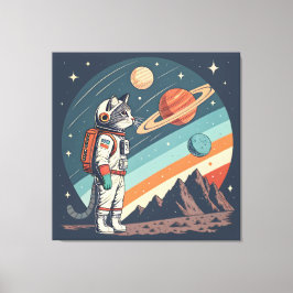 Retro Cat Astronaut Cosmic Space Illustration Canvas Afdruk