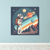 Retro Cat Astronaut Cosmic Space Illustration Canvas Afdruk (Insitu (Houten vloer))