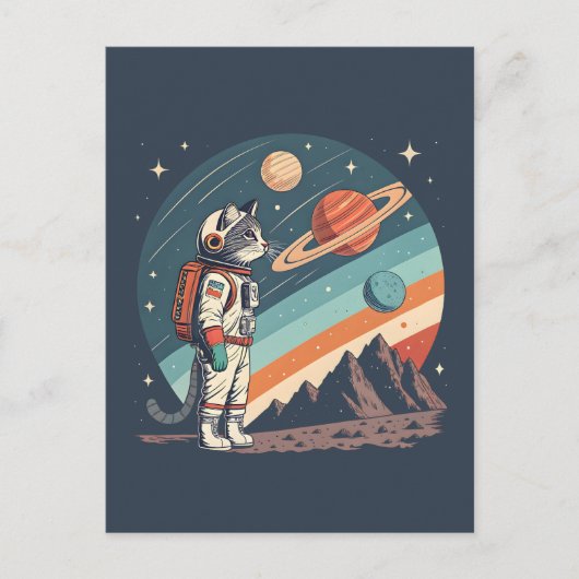 Retro Cat Astronaut Cosmic Space Illustration Feestdagenkaart (Voorkant)