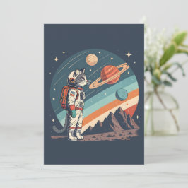 Retro Cat Astronaut Cosmic Space Illustration Feestdagenkaart
