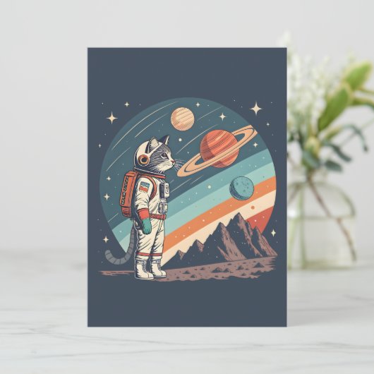 Retro Cat Astronaut Cosmic Space Illustration Feestdagenkaart (Staand voorkant)