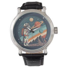 Retro Cat Astronaut Cosmic Space Illustration Horloge