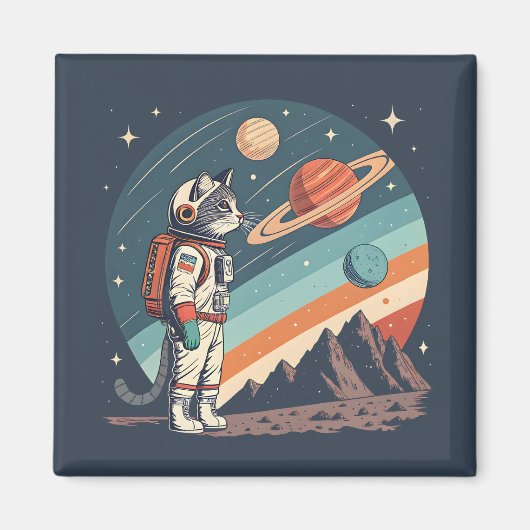 Retro Cat Astronaut Cosmic Space Illustration Magneet (Voorkant)